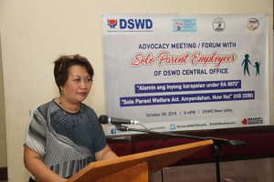 Department of Social Welfare and Development  Assistant Secretary Hope V. Hervilla discusses the role of solo parents in society and the need to support the sector’s advocacy to amend R.A. 8972 or the Solo Parents Welfare Act of 2000 during the Advocacy Meeting/Forum with Solo Parent Employees  of DSWD Central Office held recently.