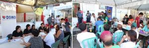 Left photo: A team of information officers from the DSWD Social Marketing Service (SMS) answer the queries of residents regarding the programs and services of the Department during the information caravan. Right photo: Medical specialists from Philippine Medical Association (PMA) and International Academy of Medical Specialists, Inc. (IAMSI) provide free check-up and gave free medicines to the residents of the barangay.