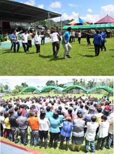 Photo 1: Government officials accommodate the request of the guests to perform an Igorot ethnic dance during the graduation ceremony.  Photo 2: Officials from the Department of Social Welfare and Development (DSWD), Philippine National Police (PNP), Bureau of Jail Management and Penology (BJMP), Department of Health (DOH), provincial government of Ifugao and families of drug surrenderers join hands to bless and pray for the full recovery and rehabilitation of former drug dependents who graduated from the Ifugao Relfection Camp (IRC) last April 25, 2017 at the Ifugao Shrine.