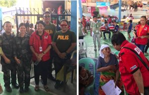 Left photo: Department of Social Welfare and Development (DSWD) Secretary Judy M. Taguiwalo with the members of the Armed Forces of the Philippines (AFP) and Philippine National Police (PNP) who are watching over the safety of Marawi siege-affected families currently staying in evacuation centers in Iligan.   Right photo: Sec. Taguiwalo checks on the condition of families in the evacuation center in Buru-un, Iligan City. 