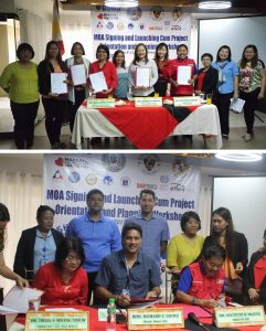 DSWD Social Technology Bureau Director Thelsa Biolena (4th from left), DSWD Field Office VIII Director Resty Macuto (3rd from right), Kanangga Mayor Rowena Codilla (5th from right), together with representatives of participating agencies beam as they hold the signed agreement for the implementation of Project Shield in the town. Ormoc City Mayor Richard Gomez (seated, center) is all smiles after signing the agreement for the implementation of Project Shield in the city. Also shown in photo are Dir. Biolena and Dir. Macuto as they sign the documents. 