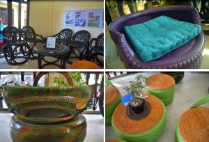 Livelihood associations in Kalibo, Aklan assisted by the Department of Social Welfare and Development (DSWD) through its Sustainable Livelihood Program (SLP) turn solid wastes, such as car and bicycle tires, into chairs, tables, and other furniture and displays. 