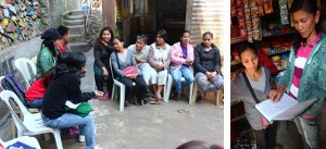 (Left photo) 18Bs members shares with DSWD staff the story of their group. (Right Photo) Members monitor all sari-sari store transactions, whether sales, loans or inventory, for transparency purposes.