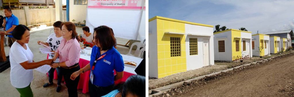 A 'Pablo' survivor receives her Certificate of Occupancy from Davao Oriental Gov. Corazon Malanyaon as proof of her ownership of a new home.