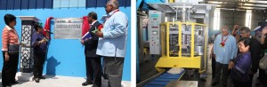 (Left photo) Sec. Soliman leads the unveiling of the marker of the warehouse that houses the mechanized repacking system at the National Resource Operations Center (NROC) in Pasay City during this morning's inauguration of the equipment. Also in photo are Undersecretary Parisya Taradji ( left), United Kingdom Ambassador to the Philippines Asif Ahmad (center), and World Food Programme Country Director Praveen Agrawal. (Right photo) Sec. Soliman, WFP Country Director Agrawal, and Ambassador Ahmad witness the ceremonial repacking of relief goods using the mechanized production system.