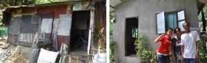 Left photo: The house of Generoso and Marietta Bayeta made from scrap materials and built near a river bank. Right photo: The new home of the Bayeta Family built through the Pabahay Project.