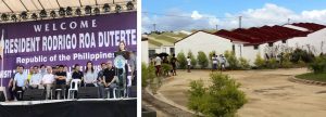 Left photo: DSWD Secretary Judy M. Taguiwalo (5th from left) with President Rodrigo Duterte, other cabinet officials, and local executives during a visit in Tacloban City to inspect the permanent housing project for the survivors of Supertyphoon Yolanda. Right photo: A look into the New Hope Village, the permanent housing project of the National Housing Authority (NHA) in Brgy. Sta Elena, Tacloban City for 'Yolanda' survivors.