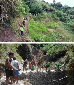 Workers and volunteers in Barangay Butbut, Tinglayan, Kalinga form a human chain in order to finish their slope protection project, which was funded through the Kapit Bisig Laban sa Kahirapan-Comprehensive and Integrated Delivery of Social Services (KALAHI-CIDSS) of the Department of Social Welfare and Development (DSWD).