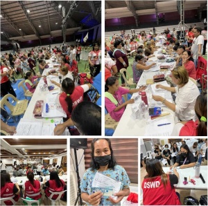 Beneficiaries receive cash assistance from the staff of DSWD Field Office-3 (Central Luzon) during the satellite payout of the Assistance to Individuals in Crisis Situation (AICS) Program in Bulacan and Nueva Ecija.